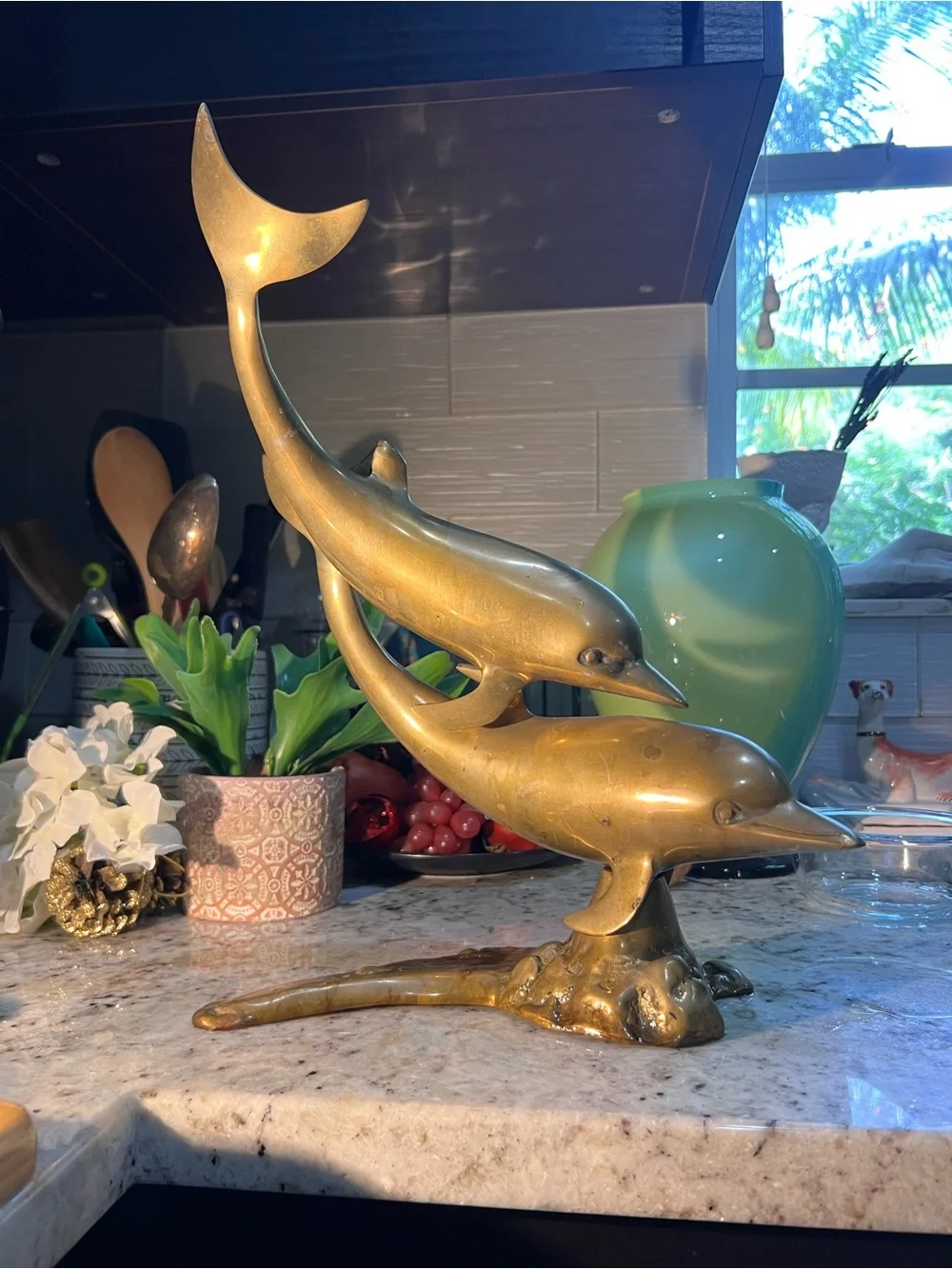 Mid Century Golden Brass Dolphin Duo Sculpture Tall!
